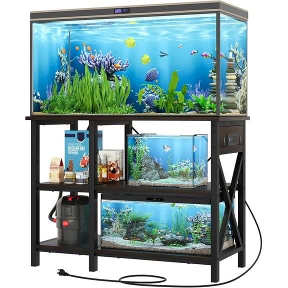 40-50 Gallon Fish Tank Stand with Power Outlet, 40x18 Inch Metal Aquarium Stand with 3-Tier Adjustable Storage Shelves and Hooks, 700LBS Capacity, Black