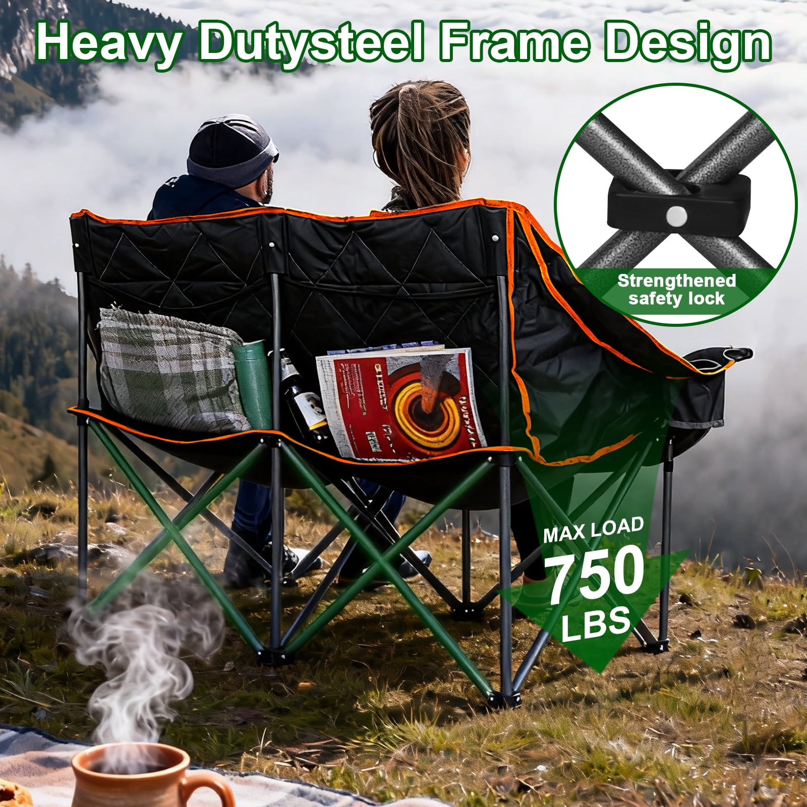 SUNSPIRE Oversized Camping Chair 2 Person Loveseat Heavy Duty Folding Outdoor Couch 750 lbs Padded Double Duo Sofa with Cup Holders Orange