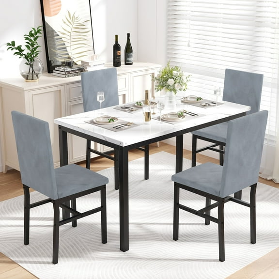 UHOMEPRO 5 Piece Dining Room Table Set, Modern Dining Table Sets with Gray Velvet Upholstered Chairs for 4, Faux Marble Pattern Rectangle Kitchen Table Set for Breakfast Nook Small Space