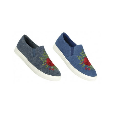 

Women Fashion Flower Embroidered Sneakers Easy Slip On Denim Design