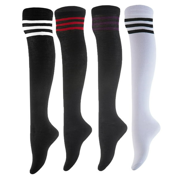 AATMart Women's 4 Pairs Attractive Lightweight Moisture Wicking & Extra Soft Knee High Cotton Boot Socks Size 6-9 RX02 White, Red, Purple, Black Strip