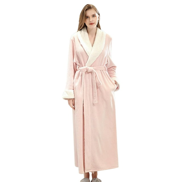 WZXFASHION Womens Fleece Robe Soft Plush Bathrobe Fluffy Cute Long Coat Night Robe WomenRobes Pink M