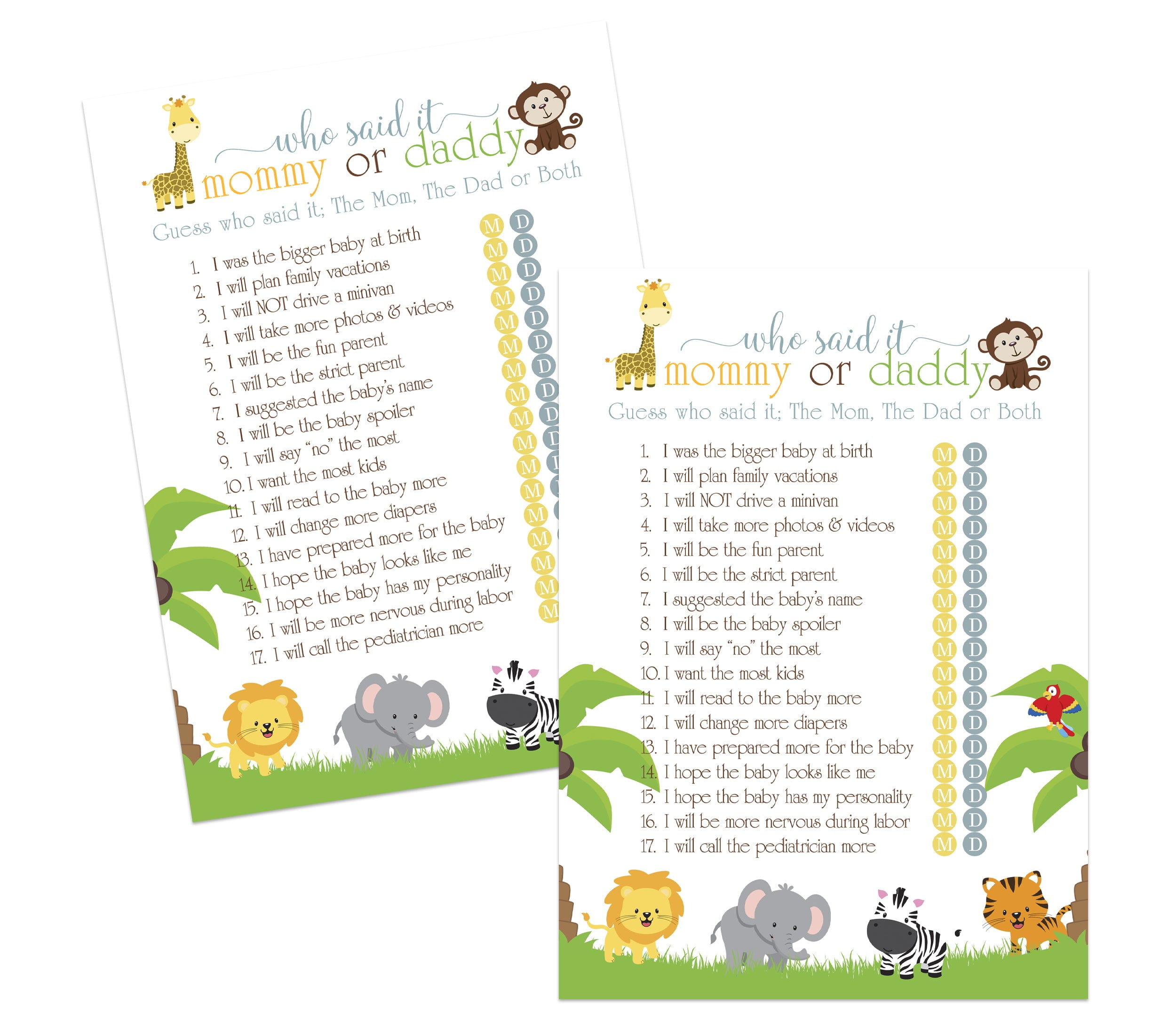 Cute Jungle Baby Shower Game Mommy or Daddy 25 Pack Guess Which Parent Activity Cards Gender Reveal - Wild Safari Animal Boys Girls - Printed 5x7 Size Set - Paper Clever Party