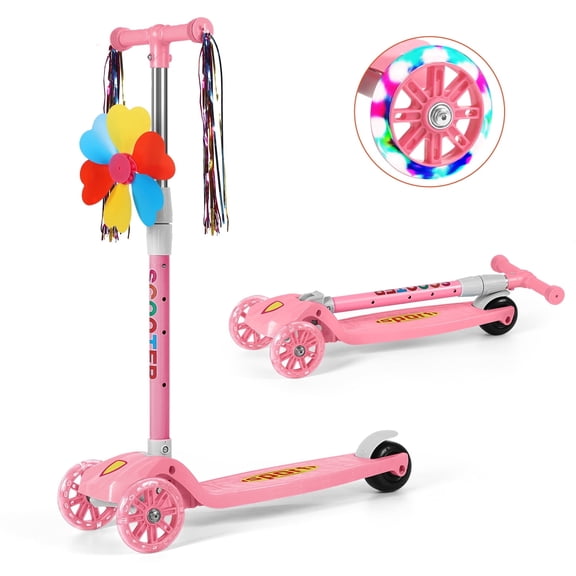 Kids Kick Scooter with Adjustable Handlebar, Lean-to-Steer, Anti-Slip Wide Deck, Rear Brake, Lightweight Folding Design for Boys & Girls Ages 3-12