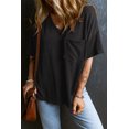 thumbnail image 4 of Women's Black Corded V-Neck Loose T-shirt with Chest Pocket, 4 of 12