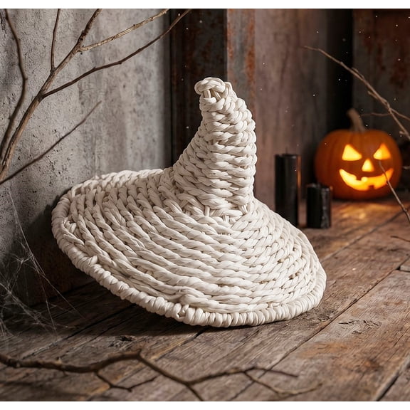Woven Storage Basket, Witch Hat Halloween Decor Coiled Cord Statue Spooky Theme Party Centerpiece Standalone Desktop Ornament for Mantel Entryway Shelf Home Decor, 1 Pack