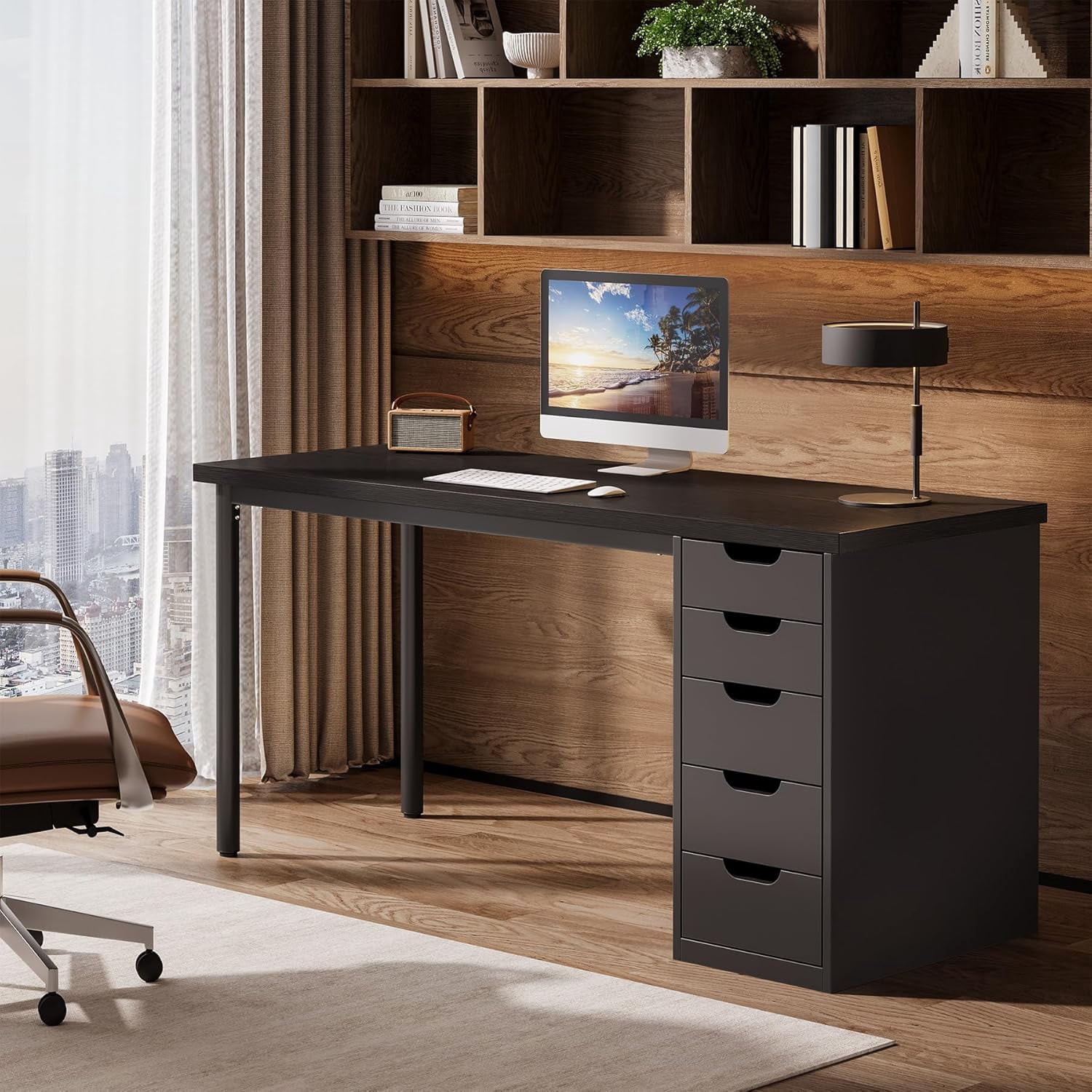 Modern Simple Computer Desk, 47 Inches PC Desk with 5 Reversible Drawers