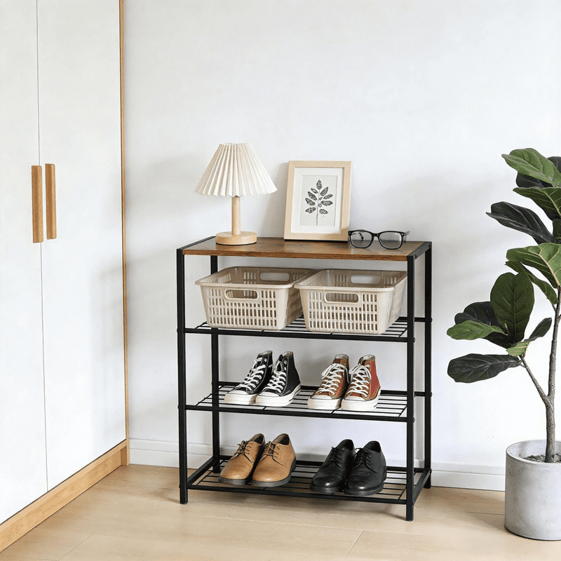 5-Tier Shoe Rack with Wood Top & Metal Frame | Free Standing Shoe Storage Organizer for Entryway, Closet, Dorm, Garage | Multi-Purpose Shelf for Sneakers, Slippers, Boots