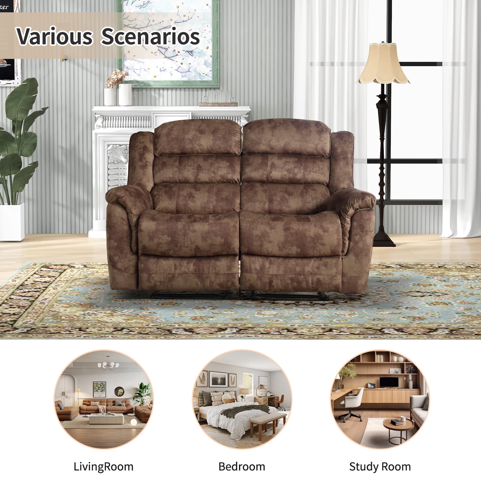 Bonzy Home Cloth Loveseat Recliner Manual Reclining Sofa for Living Room & Meeting Room Brown