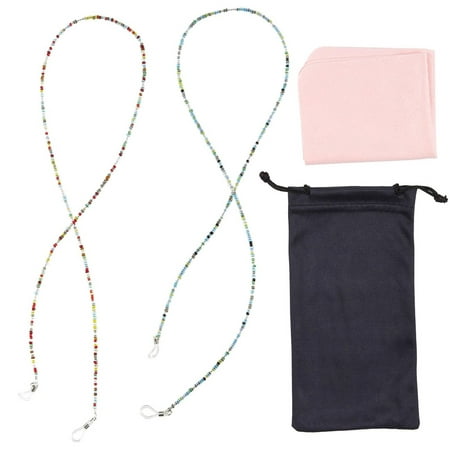 Eyeglass Chain - 4-Piece Set Beaded Glasses Strap, Retainer Cord with Beads, Microfiber Cloth and Polyester Pouch, Ideal for Sunglasses, Reading Glasses, Multicolor, 27 x 27.5 Inches