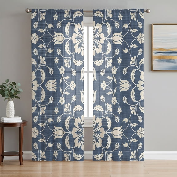 Country Flowers Sheer Curtains 72 Inches Long, Blue Neutral Botanical Floral Motifs Light Filtering Window Curtains for Living Room, Rod Pocket Voile Sheer Curtain Drapes, 52"W x 72"L, 2 Panels