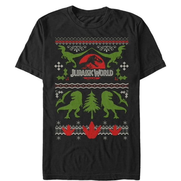 Men's Jurassic World Ugly Christmas Print Graphic Tee Black Large