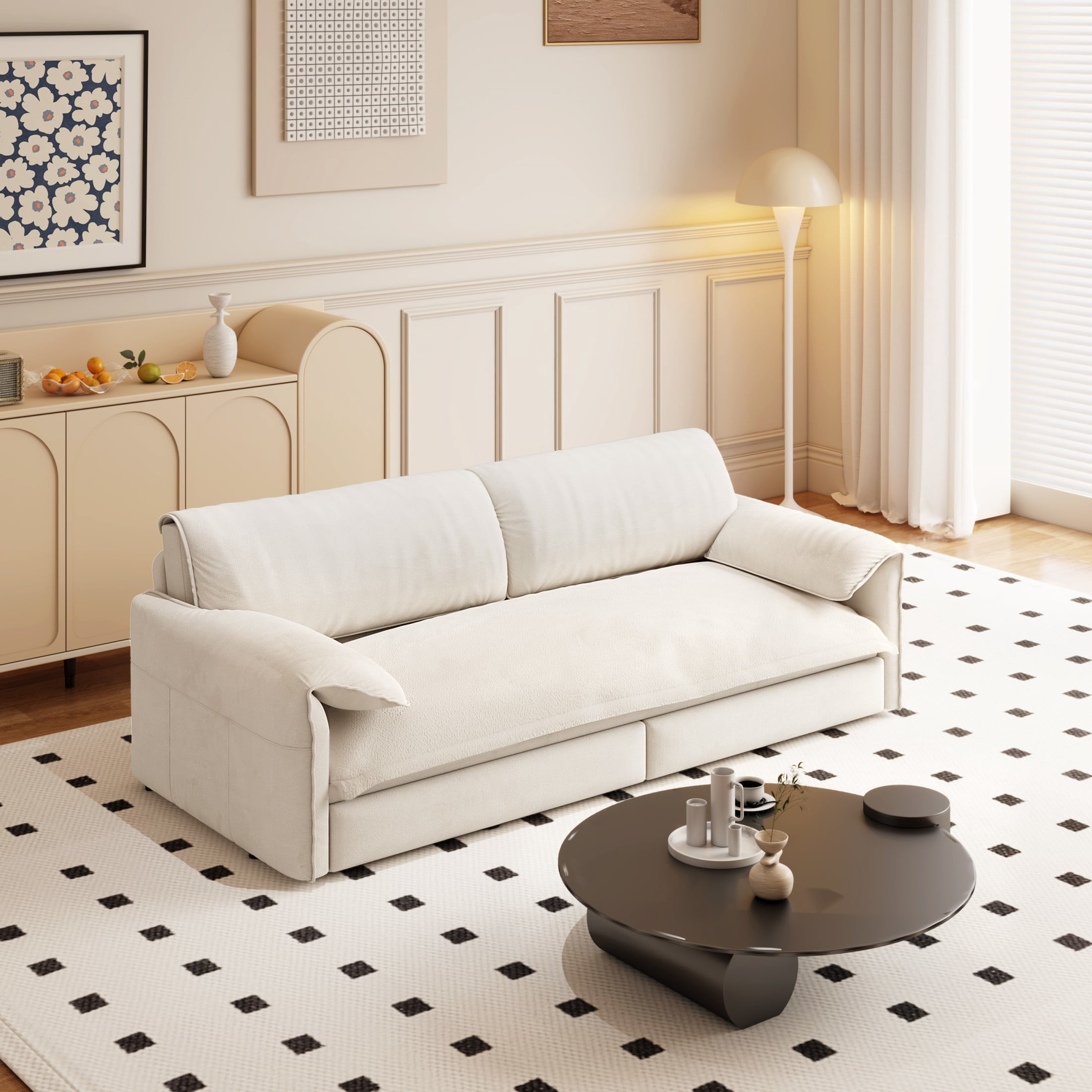 Noble House Alver Velvet Pull Out Loveseat Sofa Bed, 3-in-1 Convertible Queen Sleeper with Side Pocket, Beige White