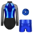 thumbnail image 2 of dPois Kids Girls Sparkly Tumbling Dance Outfit Long Sleeve Gymnastics Leotard with Metallic Shorts Blue 16, 2 of 7