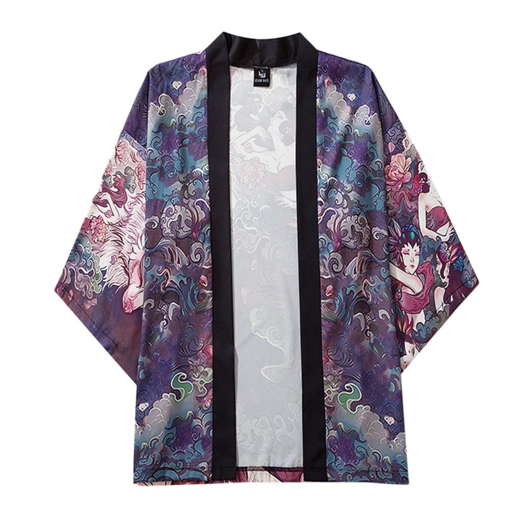 Mens 3/4 Sleeve Loose Kimono Yukata Cardigan Top Shirt Japanese Sakura Print