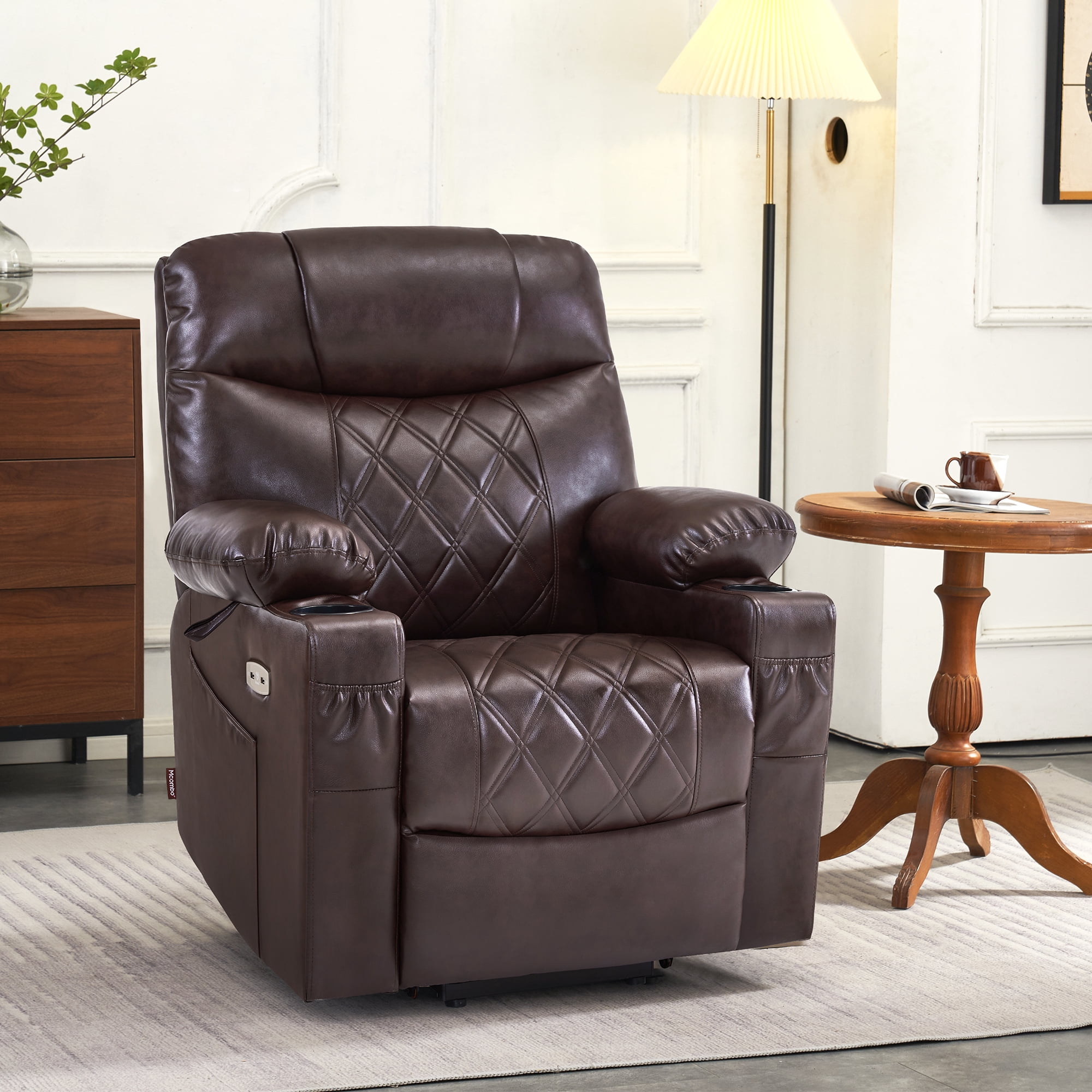 MCombo Small Size Electric Power Lift Recliner Chair Sofa with Massage and Dual Heating, Adjustable Headrest for Elderly People Petite, USB Ports, Extended Footrest, Faux Leather 7111 (Dark Brown)