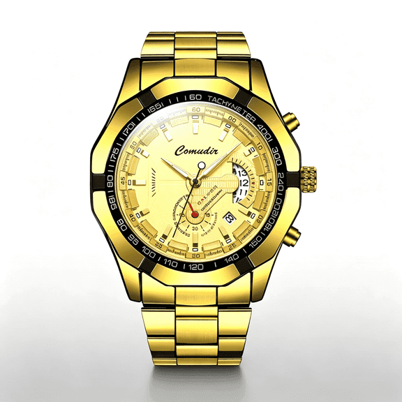 Comudir Gold Men Chronograph Watch 30M Waterproof Luminous Stainless Steel Sports Wristwatch
