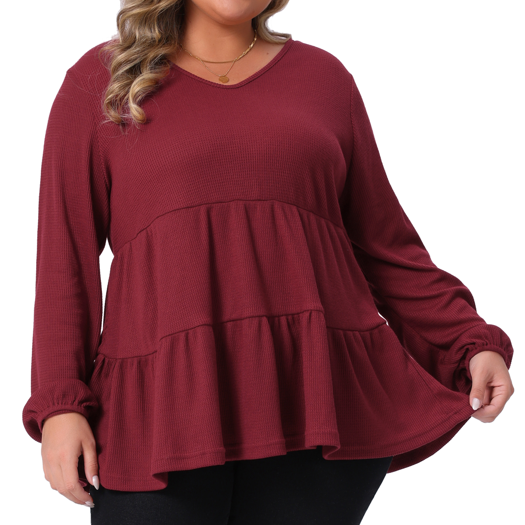 DARING DIVA Women's Plus Babydoll V Neck Ruffle Hem Peplum Blouse 1X Burgundy