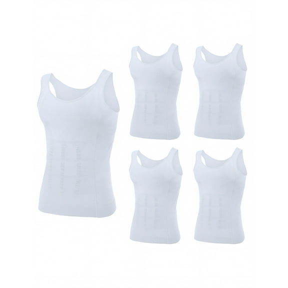 Toptie 5 Pack Slimming Body Shaper Compression Shirt, Men's Sculpting Vest Muscle Tank-White-L