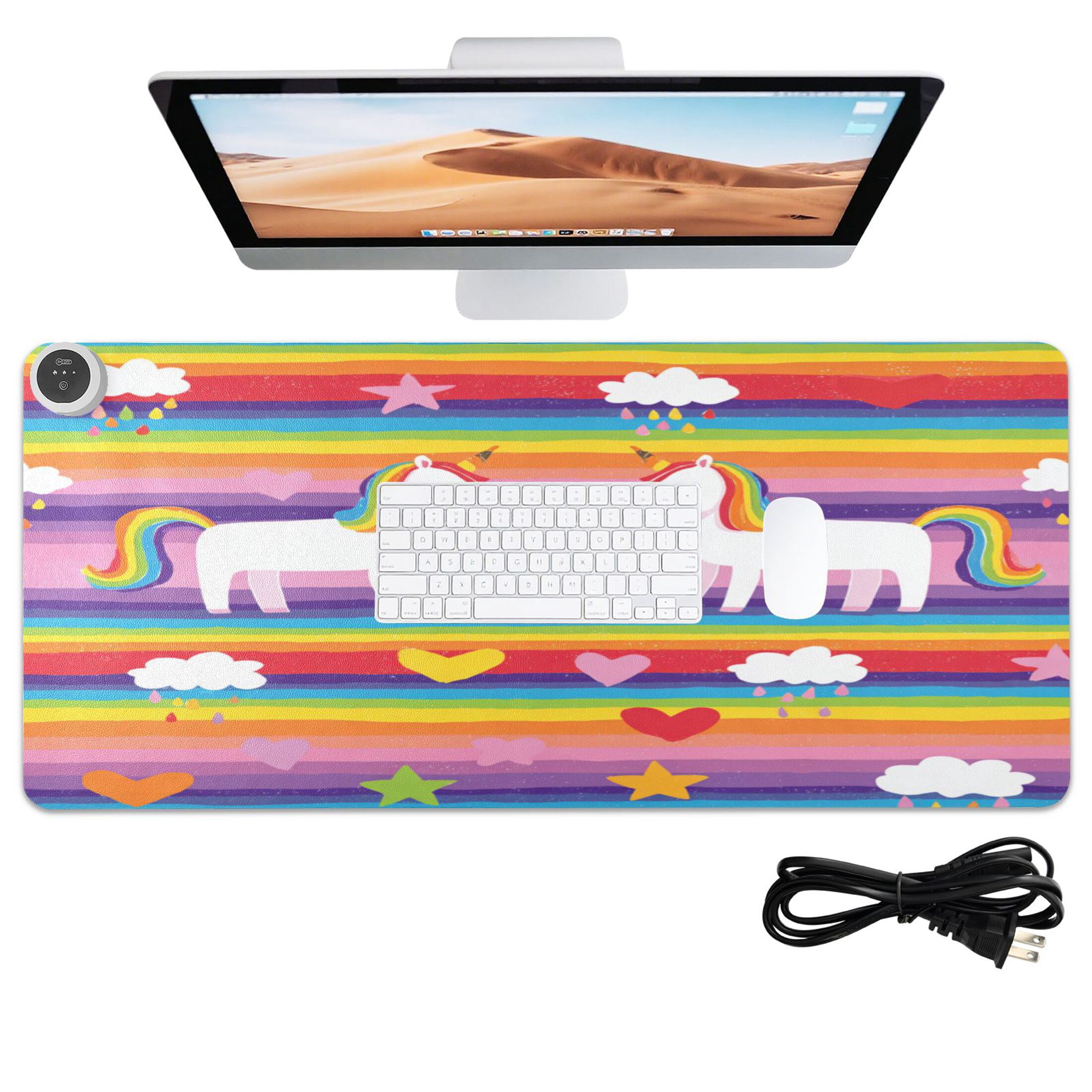 Large Heated Desk Mat Mouse Pad 31.5"x13"PU Leather Graphene Heating Desk Warmer with 3 Temperature Settings 110V US Plug Non-Slip Warm Pad for Home, Office, and Gaming Rainbow Striped Unicorn Print