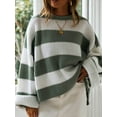 thumbnail image 4 of Women'S Striped Knitted Pullover Crew Neck Fall Winter Sweater Long Sleeve Color Block Jumper Green M, 4 of 8