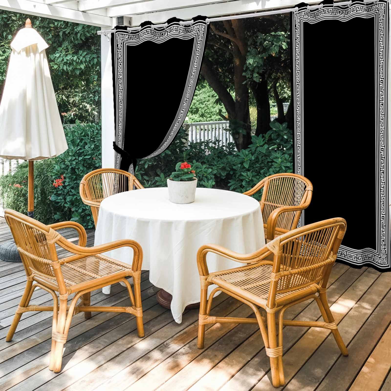 Black White Outdoor Curtains for Patio Waterproof, Geometric Greek Key Bordered Abstract Art Grommet Curtains for Porch Outside Privacy Drape for Gazebo Garden Pergola, 2 Panels, 54x84in