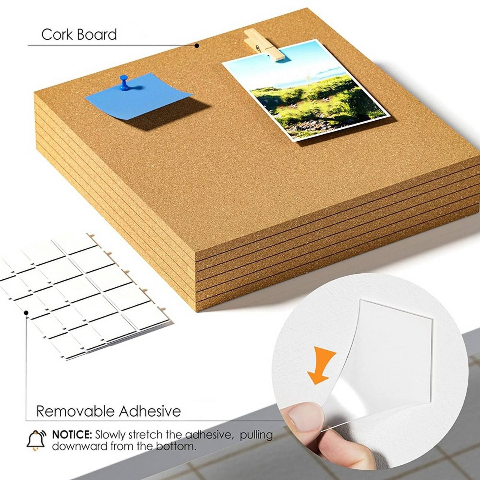 12inch X 12inch Cork Tiles, 12 Pack Cork Boards for Wall with Safe Removable Adhesive Tabs, Large Cork Bulletin Boards