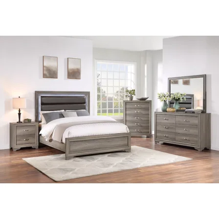 Transitional Style 4pc Bedroom Set King Size Bed Espresso Bonded Leather HB Dresser Mirror Nightstand Wooden Furniture