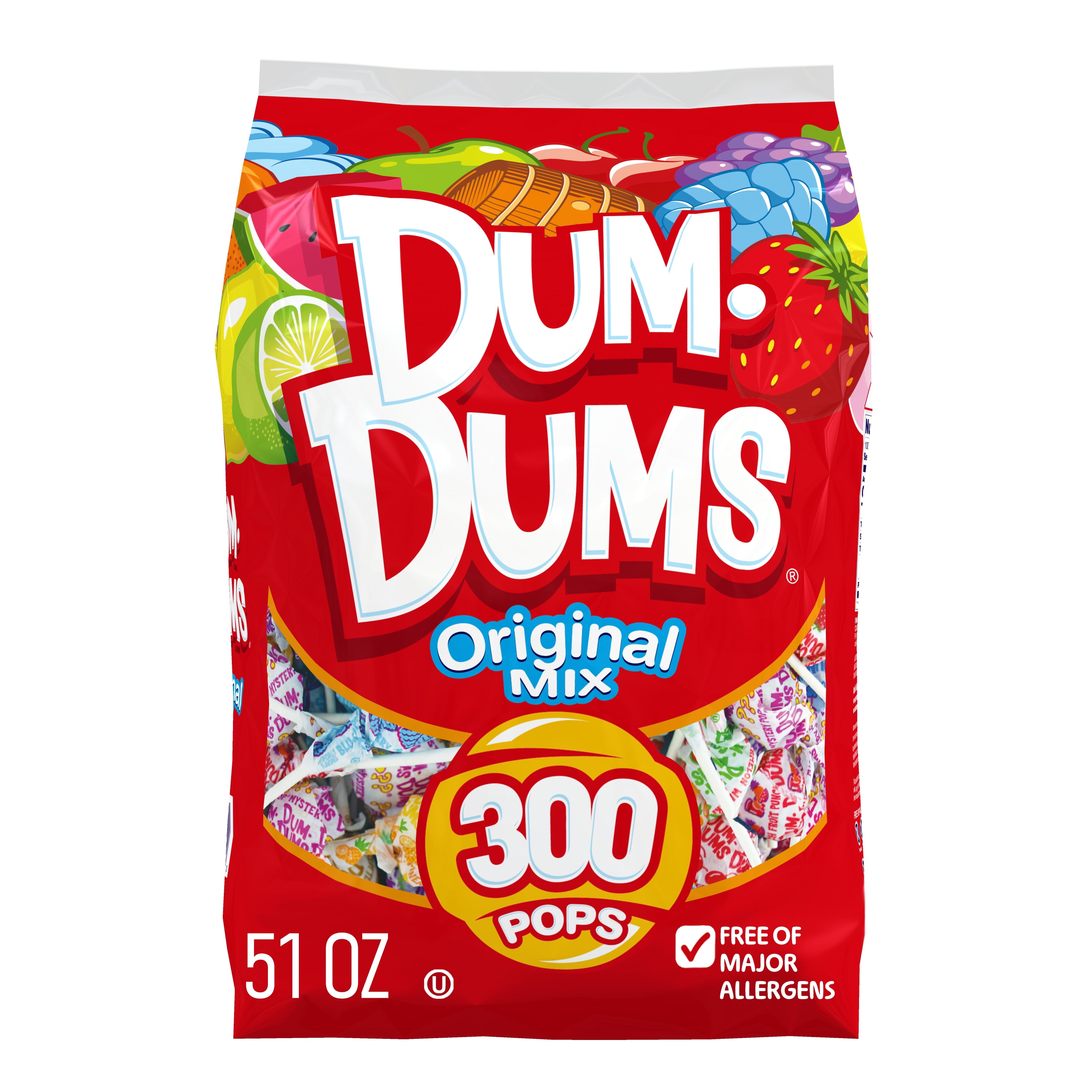 (6 pack) Dum Dums Original Flavor Mix Lollipops & Suckers, Assorted Hard Candy, Party Candy, 300 Count, 51 oz Candy Bag