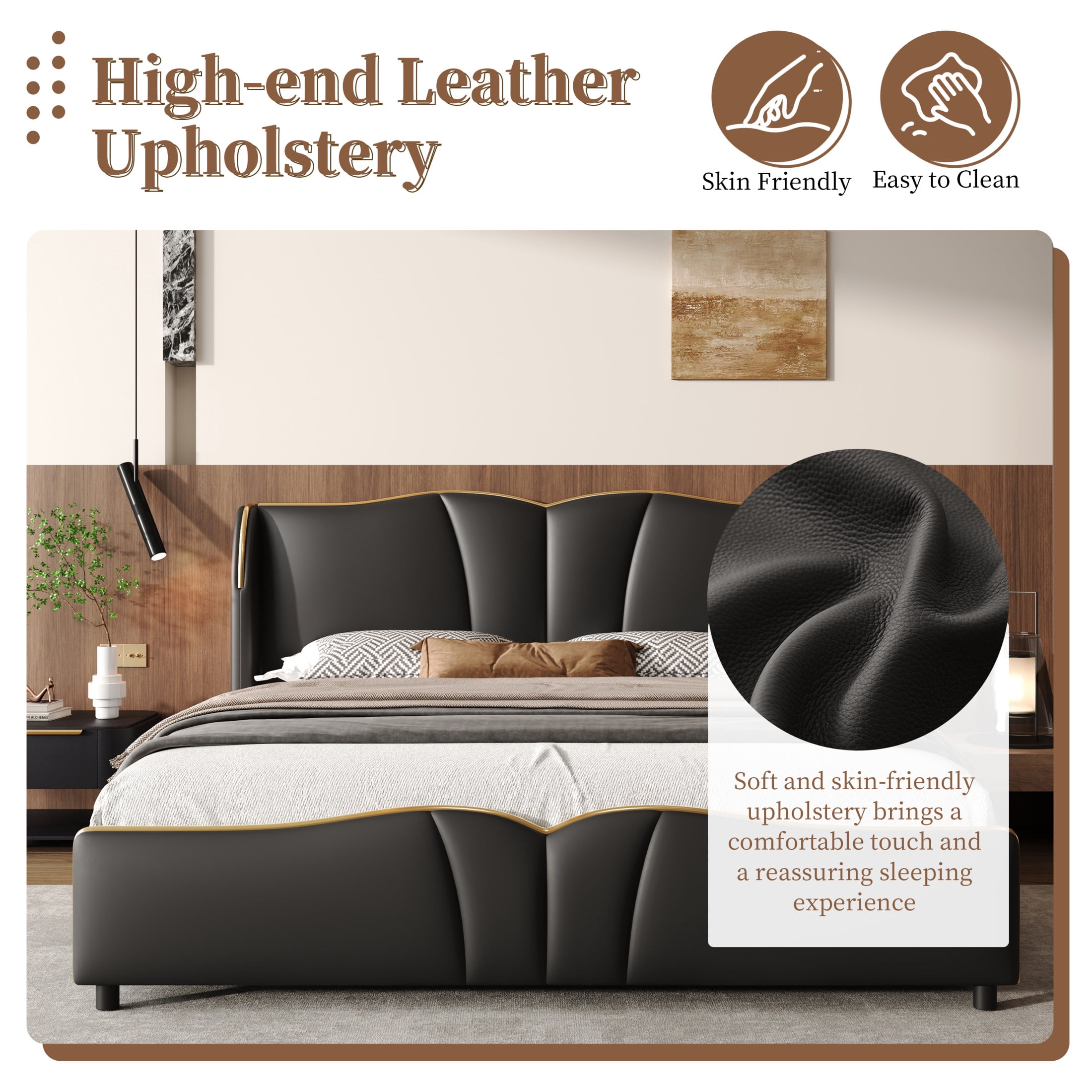 Christopher Knight Home Luxury PU Upholstered Queen Bed Frame with Wingback Headboard, Black