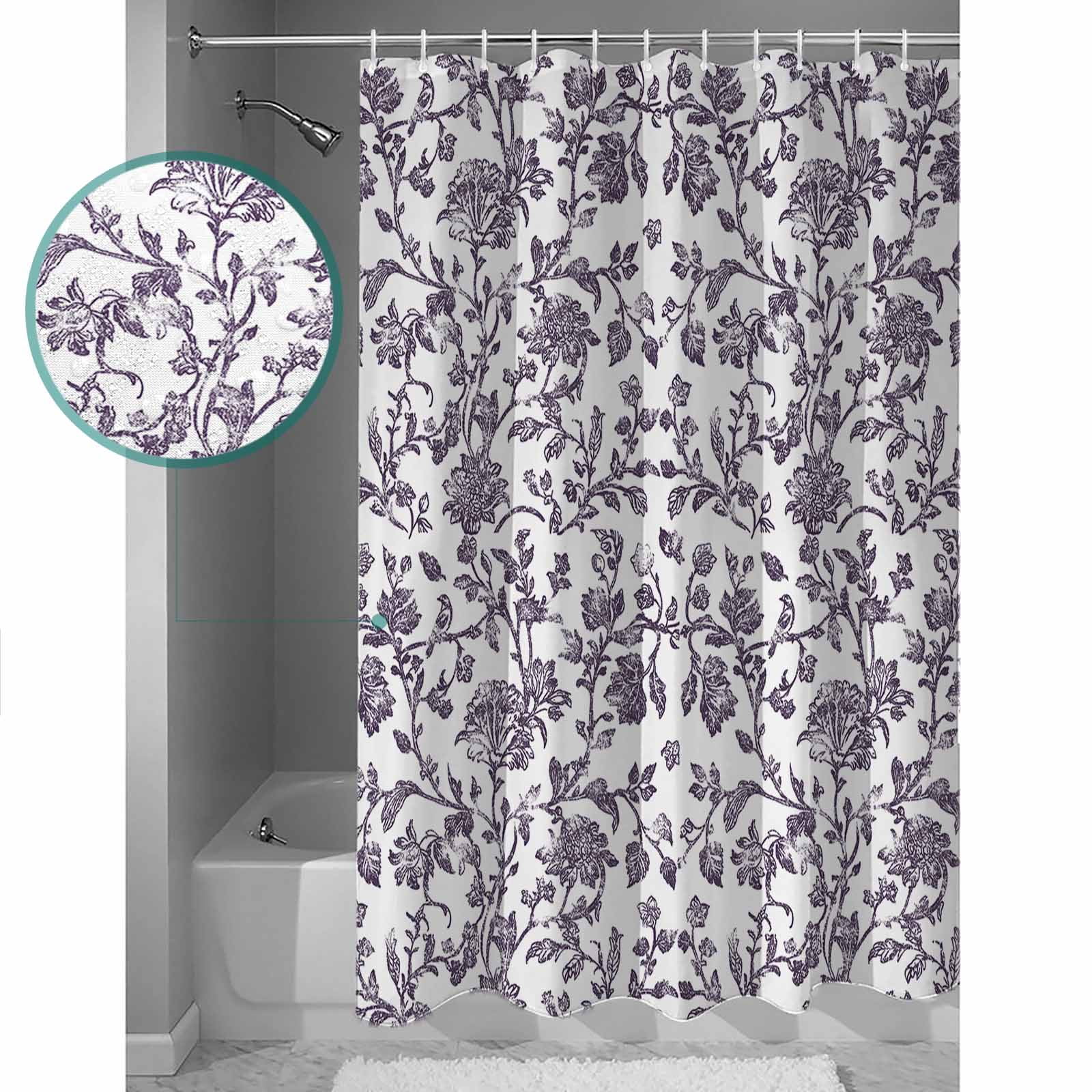 Extra Long Shower Curtain 72x96 Inch, Purple Flower Shower Curtain Waterproof Bathroom Decor Vintage Farmhouse Boho Leaf Spring Plant Fabric Bath Curtain Set Accessories with Hooks