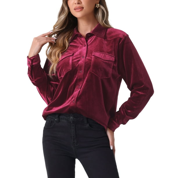 Camisas casuales de botón de manga larga de terciopelo para mujer INSPIRE CHIC en color burdeos