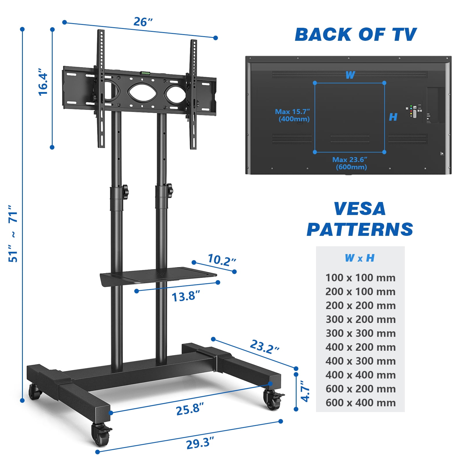 RTVR Rolling TV Cart Stand with Wheels for 32 to 85 inch Screens Mobile Portable TV Stand, Modern Black