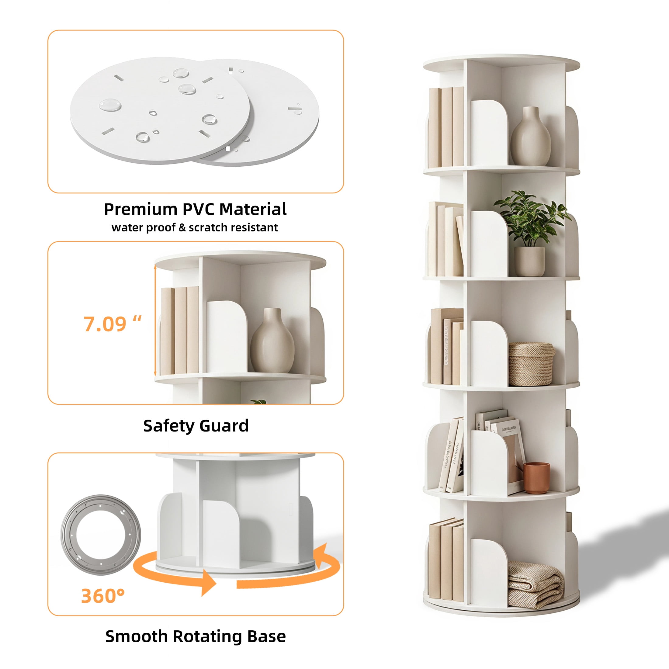 Gianna 5 Tier Rotating Bookshelf, 360 Display Floor Standing Bookcase Storage Rack, White