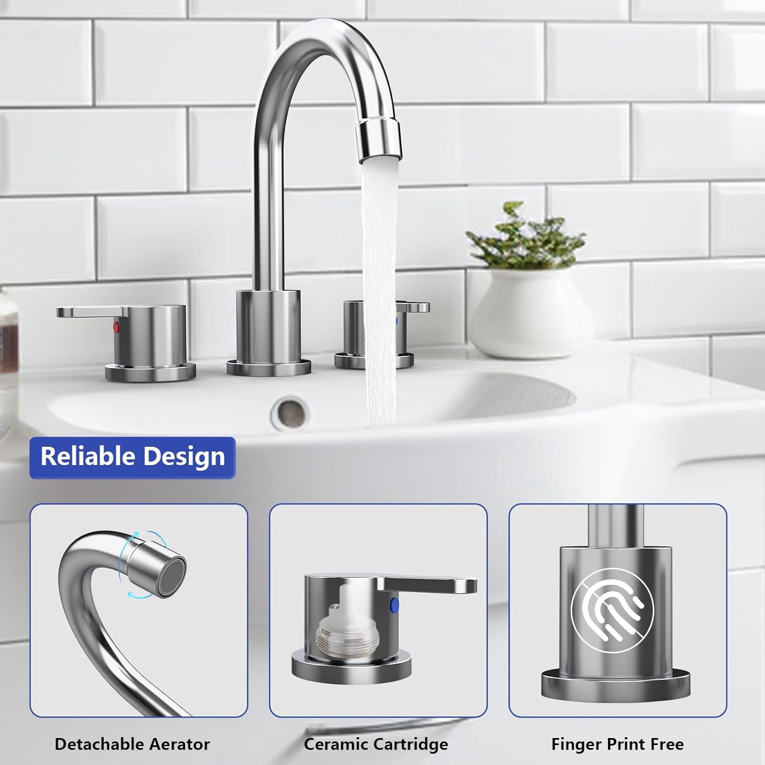 8 Inch Centerset Bathroom Faucet, Dual Handle 360° Swivel Spout, Lead-Free Ceramic Disc Valve, Water Saving 1.2GPM CEC Registered Vanity Faucet with Pop-Up Drain