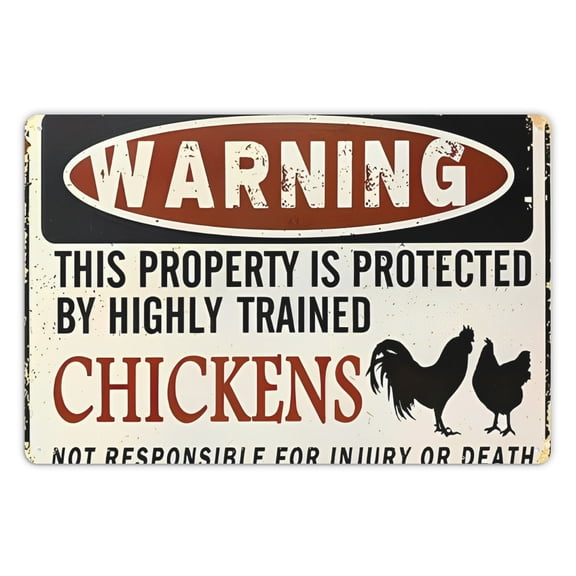 1pc Warning Tin Sign, This Property is Protected by Highly Trained Chickens, Funny Chicken Warning Sign, Humorous Wall Art, High-Quality Metal, 8x12 inches, Perfect for Kitchen, Dining Room