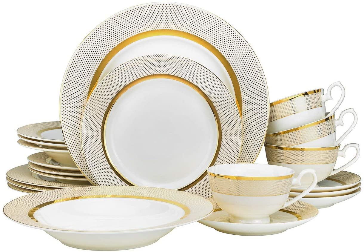 20pc Bone China Porcelain Dinnerware Set w/ Golden Rims, Elegant Dinner Set with Gilding