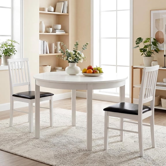 SolaceHue White Wood Dining Chairs Set of 2, PU Leather Upholstered Dining Room Chairs with Slatted Backrest, Padded Seat & Solid Rubber Wood Legs, Modern Side Chairs for Kitchen Living Room