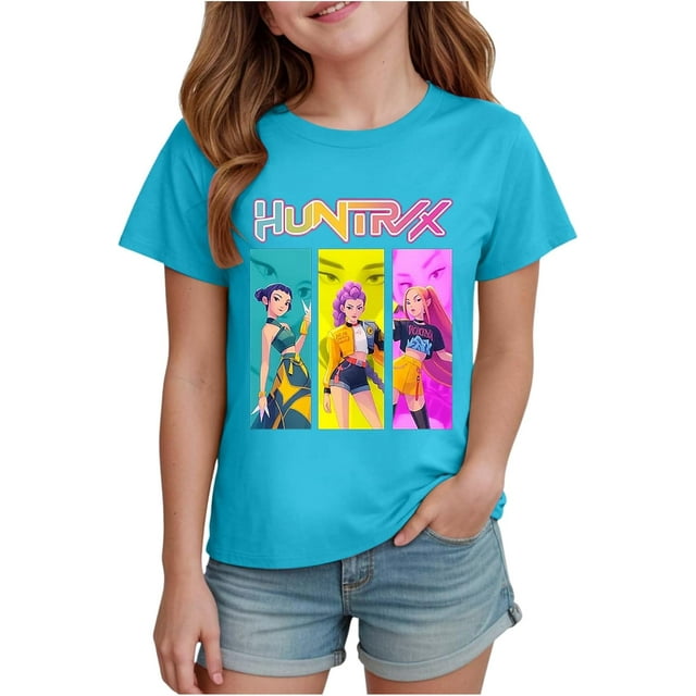 K pop Demon Chandail pour Filles, T-Shirt Graphique Mignon avec Dessin Animé, T-Shirt Tendance et Drôle, Chandail pour Enfants, Hauts Roses, Manches Courtes, Col Ras du Cou