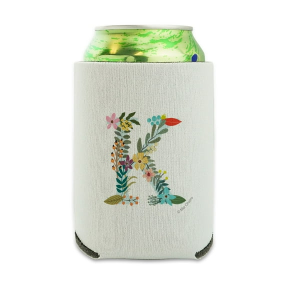 Letter K Floral Monogram Initial Can Cooler - Drink Sleeve Hugger Collapsible Insulator - Beverage Insulated Holder