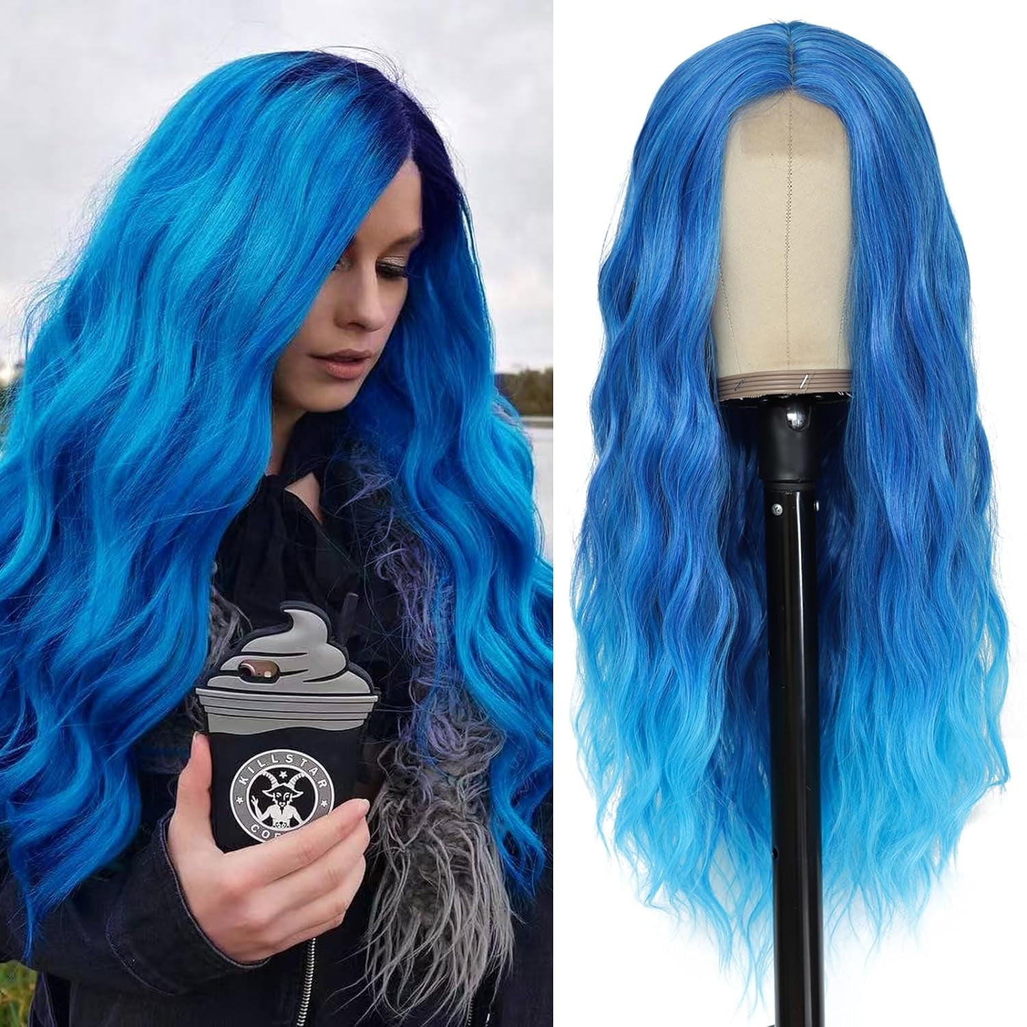 Blue Wig Long Blue Wavy Wigs for Women Middle Part Ombre Blue Wig 26 inch Natural Curly Synthetic Wig Heat Resistant Fiber Wigs for Daily Party Use