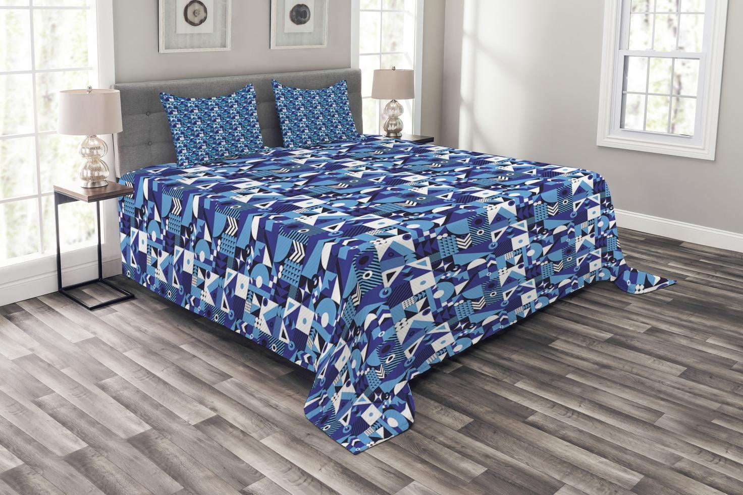 Navy Blue Bedspread Set King Size, Contemporary Geometric Mosaic with