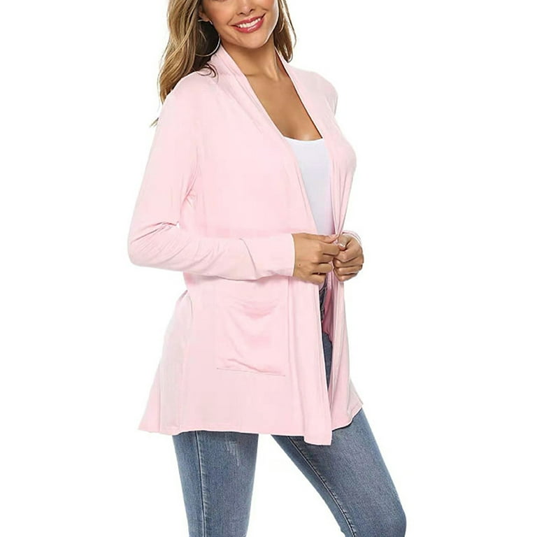 Women Lightweight Summer Cardigans Open Front Casual Solid Color Long  Sleeve Knit Sweater Cover Up with Pockets