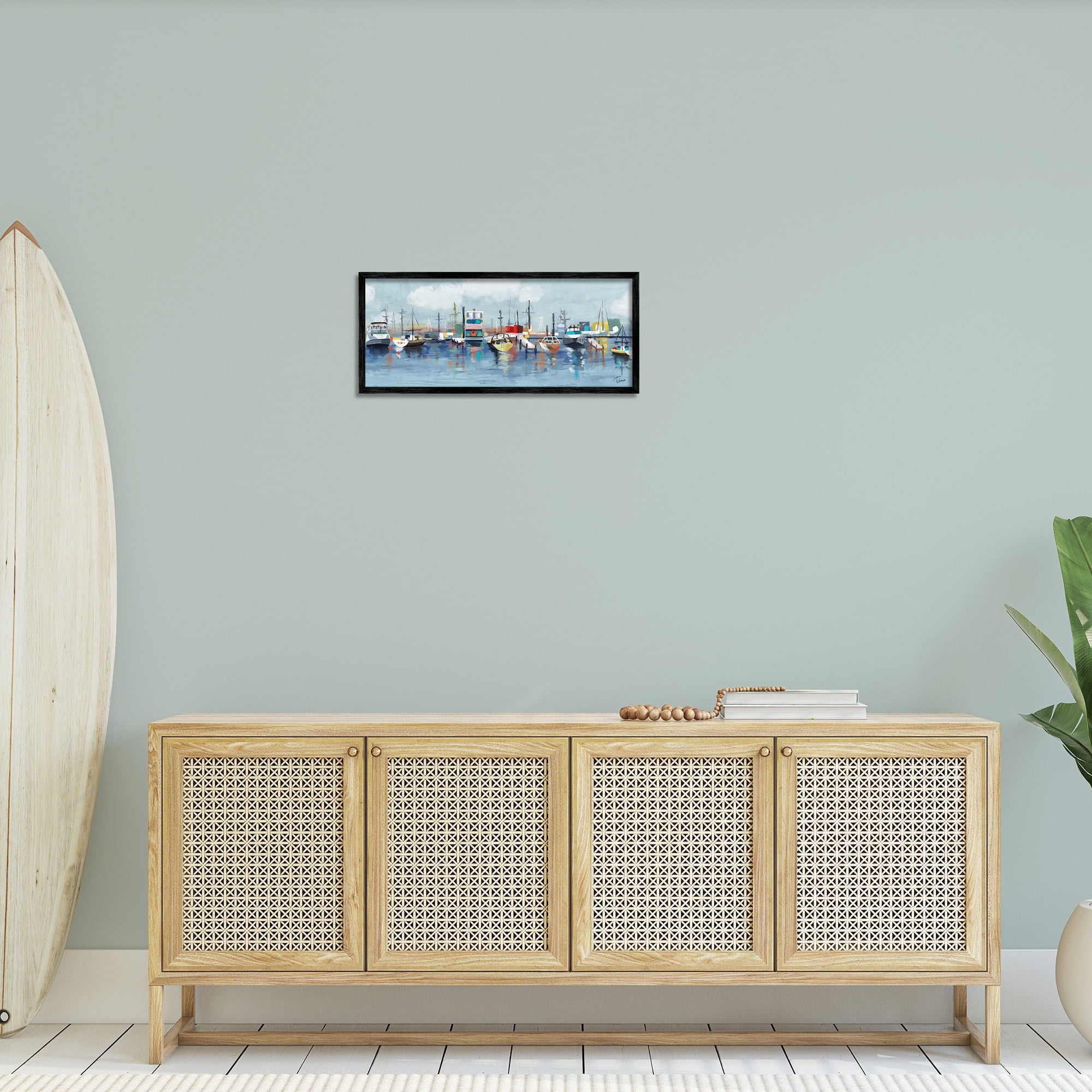 Stupell Industries Varied Boats Docked Port Marina Ocean Landscape Painting Black Framed Art Print Wall Art, Design by Tina Finn