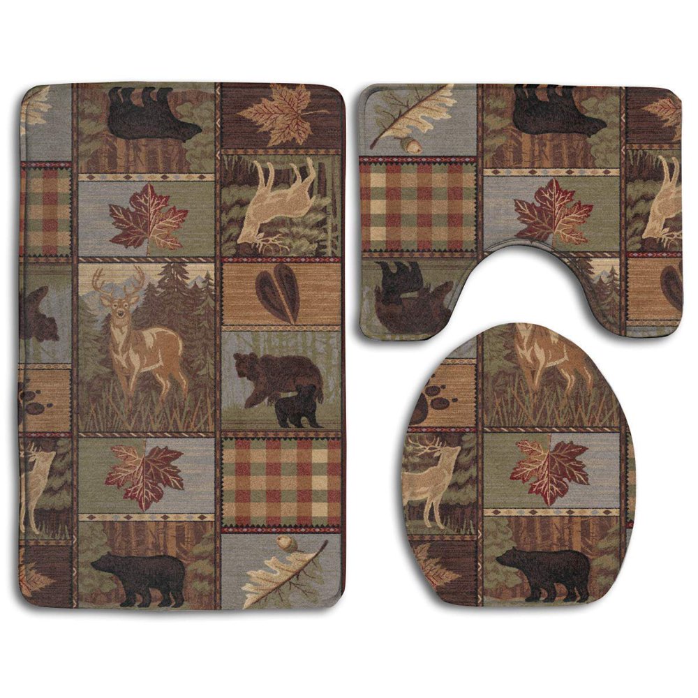 GOHAO Rustic Cabins Moose Deers 3 Piece Bathroom Rugs Set Bath Rug