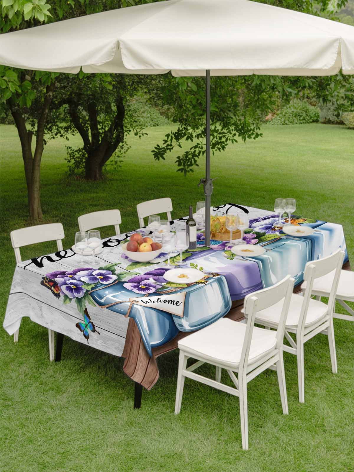 Hello Spring Outdoor Tablecloth - 60x120 Inch Rectangle Dining Table Cover, Pastoral Purple Bottle Floral Gray Wooden Waterproof Outdoor Table Cloth with Umbrella Hole & Zipper for Picnic/Patio/Party