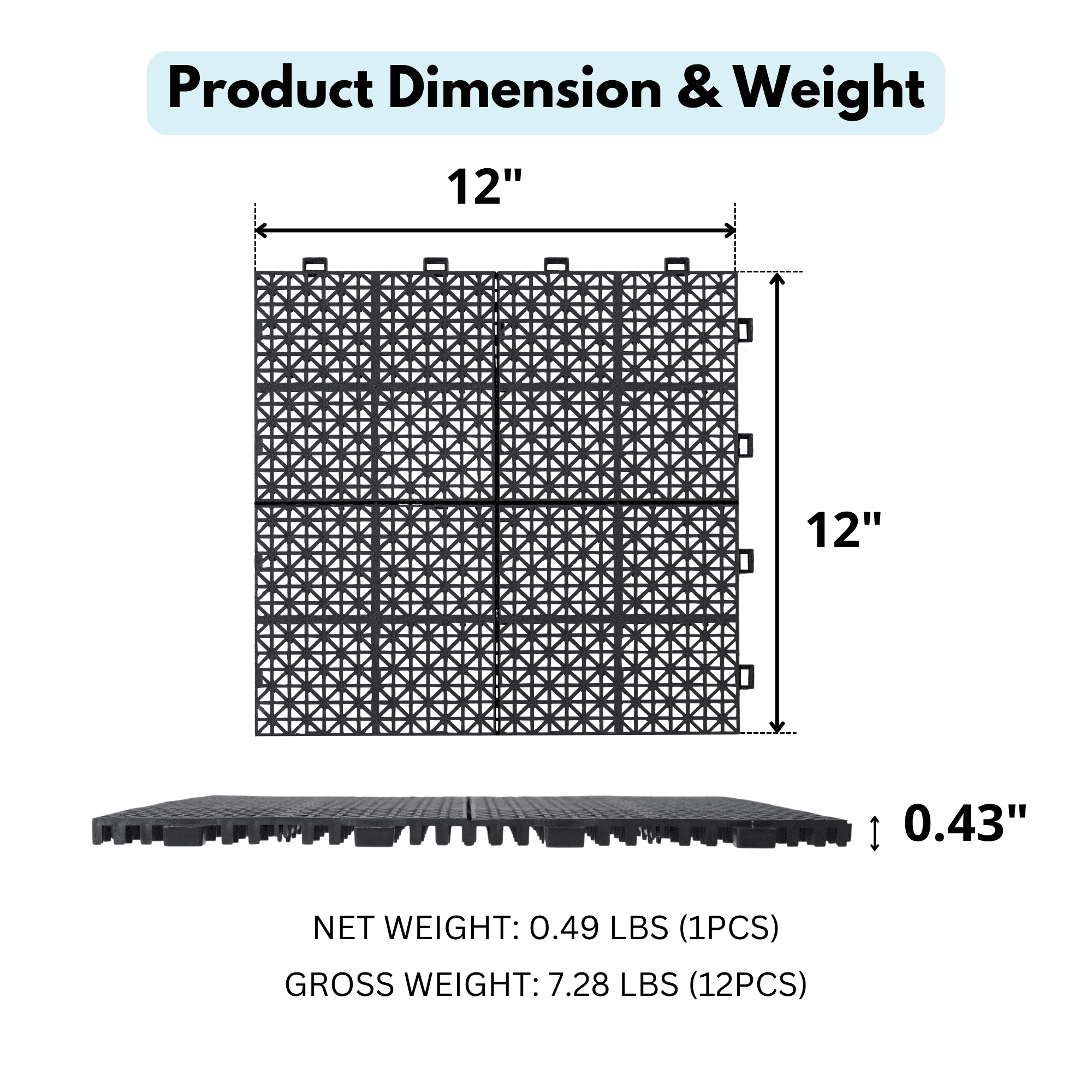 Black Interlocking Deck Tiles Plastic Waterproof Outdoor All Weather Anti-slip Bathroom Shower Pack of 12