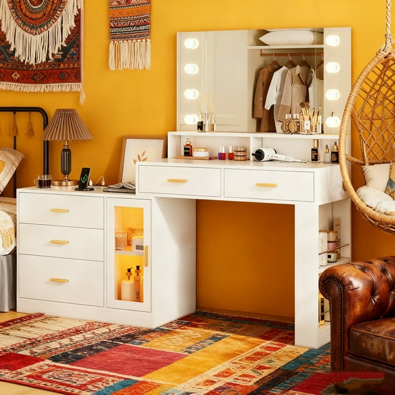 AOGLLATI White Makeup Vanity Desk with LED Lights & Charging Station - 5 Drawers, 3-Tier Storage, Adjustable Mirror, Modern Dressing Table for Bedroom