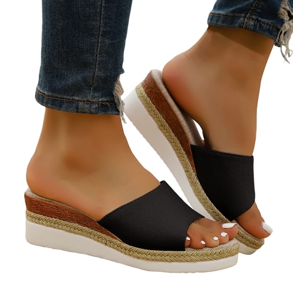 Rokment Wedge Sandals for Women 2026 Beach Fashion Casual Leather Open Toe Memory Foam Espadrilles Platform High Heels Dress Slip on Slides Summer Shoes Black Size 6