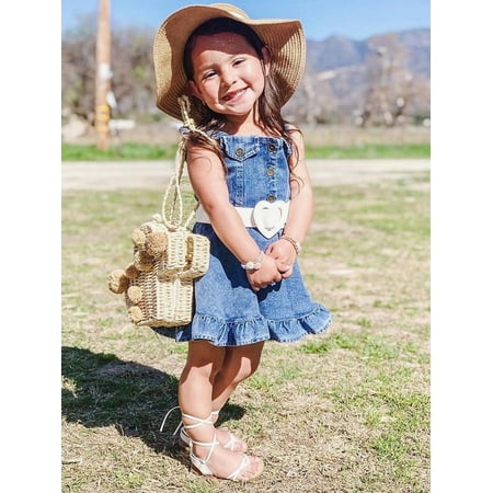 

Summer Toddler Baby Girls Denim Dress Ruffles Sleeveless Strap Button A-Line Sundress